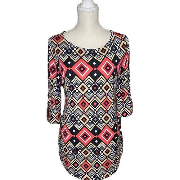 Cocomo Black, White, Coral & Khaki Geometric Patterned Tunic w/ Rolled Sleeves S - Picture 1 of 5